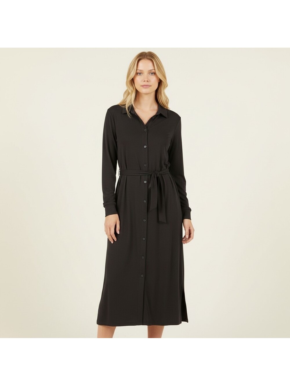 Time And Tru Shirt Dress Women L Large Black Midi Button Belted Long Sleeve